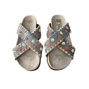 Free People Wildflowers Crossband Sandals Embroidered Floral Leather Slide  Size